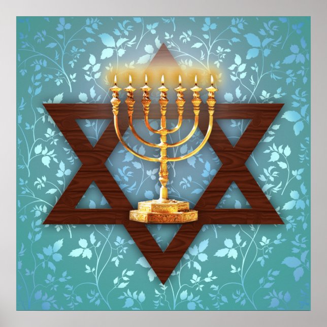 Póster Estrella de David Gold Menorah en Verde azulado ar (Frente)