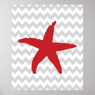 Póster Estrella de mar náutica roja y gris de Chevron