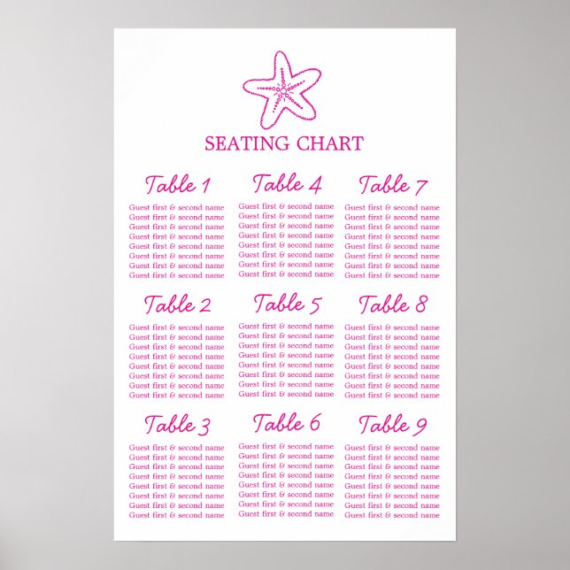 Póster Estrella de mar rosa boda 9 plan de mesa (Frente)