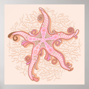Póster Estrella de mar y coral rosa pastel