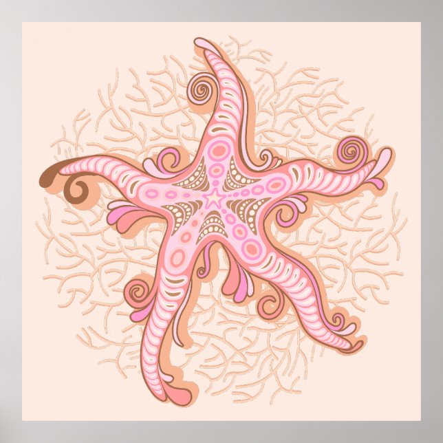 Póster Estrella de mar y coral rosa pastel (Frente)