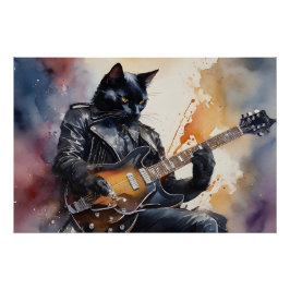 Póster Estrella de rock de gato negro toca chaqueta de cu