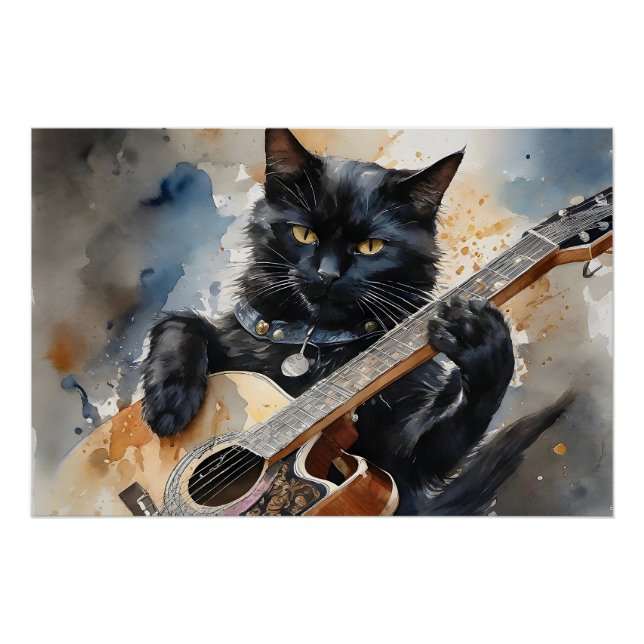 Póster Estrella de rock de gato negro toca guitarra acúst (Anverso)
