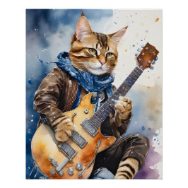 Póster Estrella de rock gata a rayas que toca la guitarra