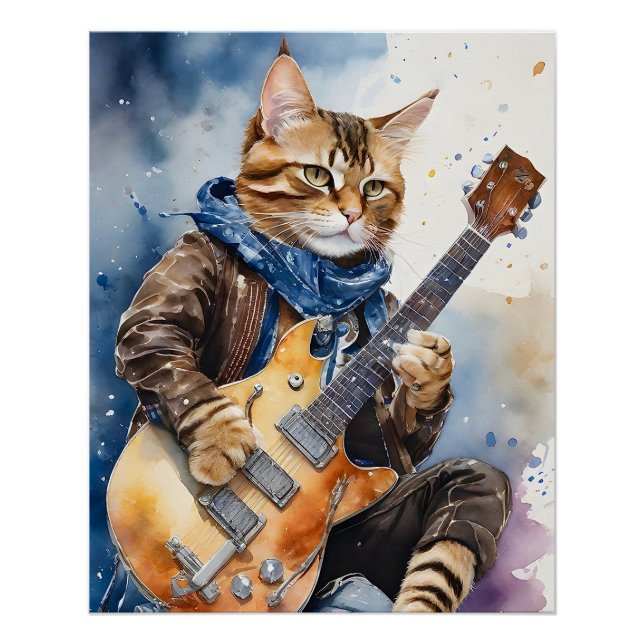 Póster Estrella de rock gata a rayas que toca la guitarra (Anverso)