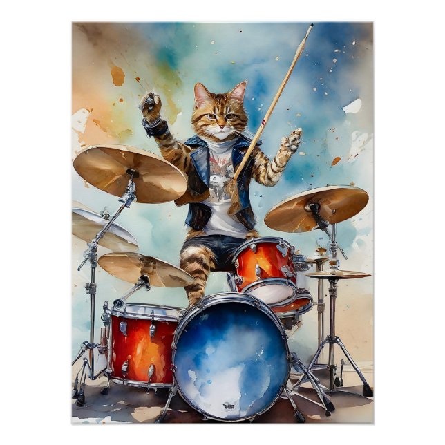 Póster Estrella del rock del gato naranja Tabby toca los  (Anverso)