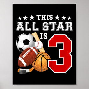 Póster Estrella deportiva de 3 años Fiesta de cumpleaños 