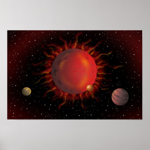 Póster Estrella gigante roja ardiendo y planetas atraídos