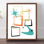 Póster Estrellas atómicas turquesas naranjas Boomerang de<br><div class="desc">Añada ese toque de diversión y color a su pared con este fabuloso poster moderno de la era atómica de mediados de siglo. El diseño se compone de cuadros abstractos,  estallidos y un bumerang en los colores azul turquesa,  naranja,  crema,  oro y negro... ¡qué gracioso!</div>