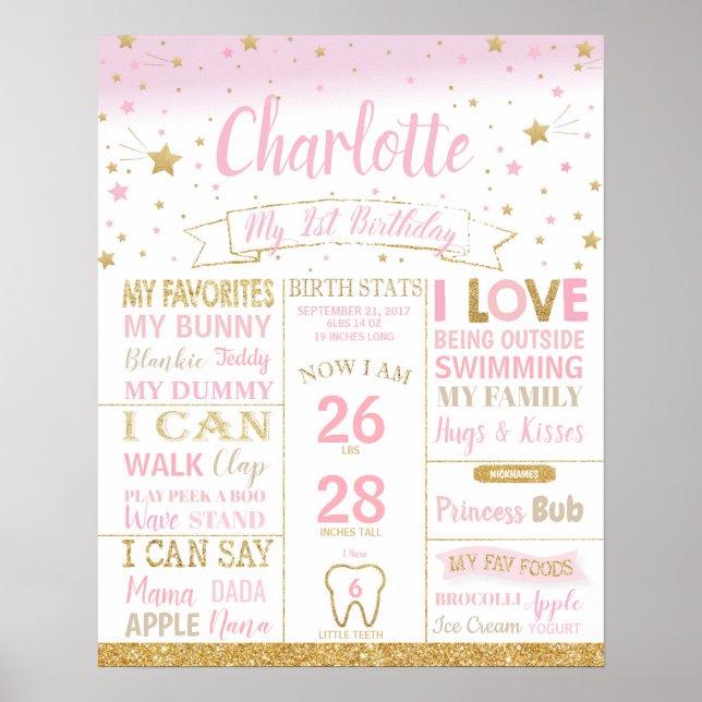 Póster Estrellas Brillantes Cumpleaños Primer Hito Estadí (Frente)