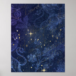 Póster Estrellas celestiales de oro floral azul desvaneci
