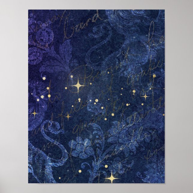 Póster Estrellas celestiales de oro floral azul desvaneci (Frente)