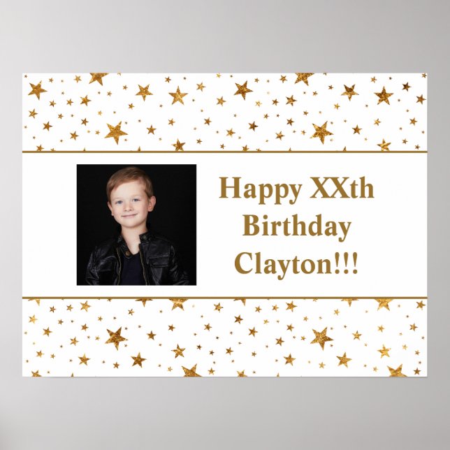 Póster Estrellas de oro con foto de mensaje Cumpleaños (Frente)