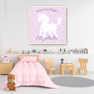 Póster Estrellas de Unicornio Rosa Suave Nombre de Niños