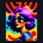 Póster Estrellas psicodélicas y estriberas Pop Art Diva<br><div class="desc">Esta creación de arte pop te llevará en un viaje al pasado arrogante, con un giro atrevido y elegante. Un chica hipnotizante, psicodélico, con un par de gafas de sol frías, se topa con las estrellas dinámicas y el fondo de rayas. El ambiente retro, combinado con el moderno diseño de...</div>