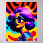 Póster Estrellas psicodélicas y estriberas Pop Art Diva<br><div class="desc">Esta creación de arte pop te llevará en un viaje al pasado arrogante, con un giro atrevido y elegante. Un chica hipnotizante, psicodélico, con un par de gafas de sol frías, se topa con las estrellas dinámicas y el fondo de rayas. El ambiente retro, combinado con el moderno diseño de...</div>