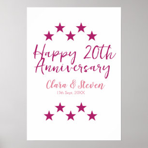 Póster estrellas rosadas feliz vigésimo aniversario boda 