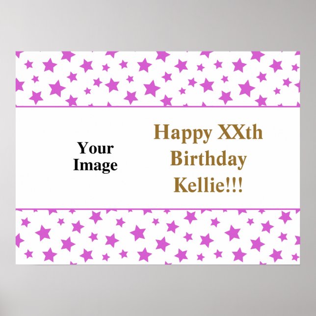 Póster Estrellas rosas con foto de mensaje Cumpleaños (Frente)