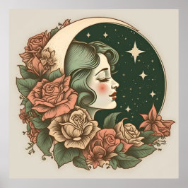 Póster Estrellas y flores retro Art Deco Moon Lady