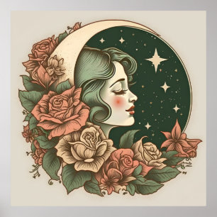 Póster Estrellas y flores retro Art Deco Moon Lady