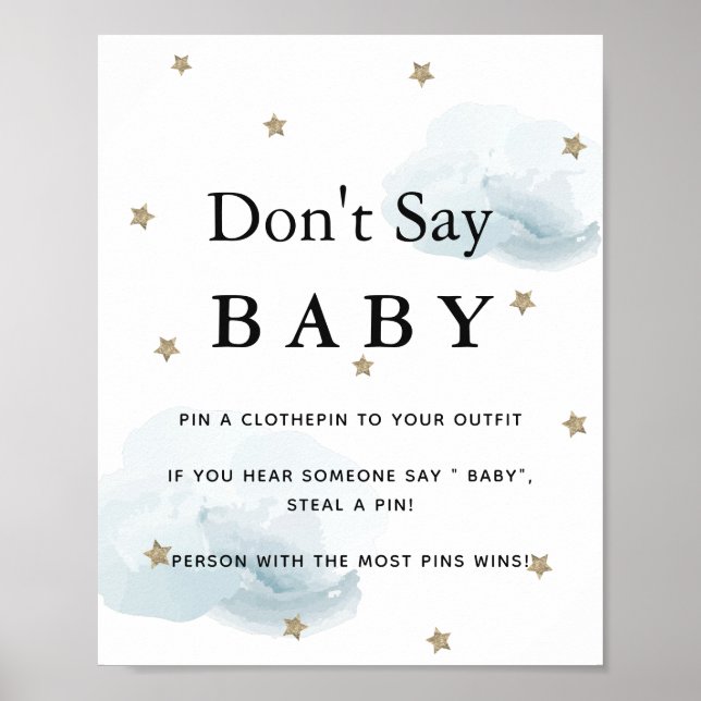 Póster Estrellas y nubes azules Baby Shower no dicen bebé (Frente)