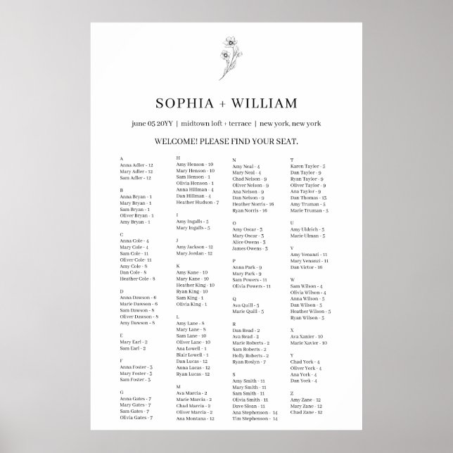 Póster Estructura de asiento alfabética elegante de Sophi (Frente)