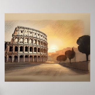 Póster estructura del Coliseo en Roma dibujada al atardec