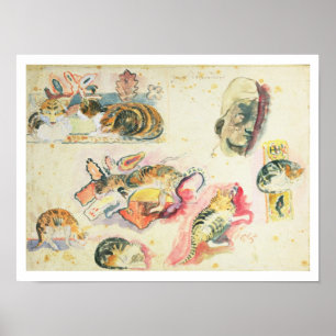 Póster Estudio de gatos y una cabeza (p/c sobre papel)