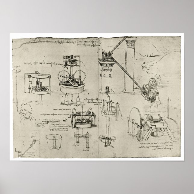 Póster Estudio de las bombas de succión, Leonardo da Vinc (Frente)