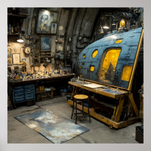 Póster Estudio de submarino de artista Steampunk Caos