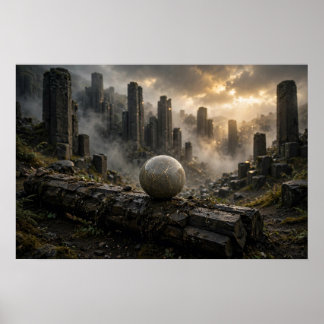Póster Estudio en Basalto — Esfera de Piedra con Vetas de