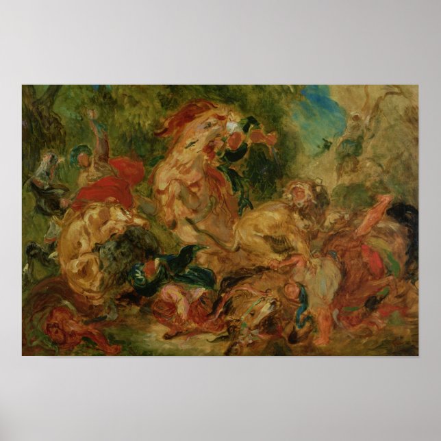 Póster Estudio sobre la caza de leones, 1854 (Frente)