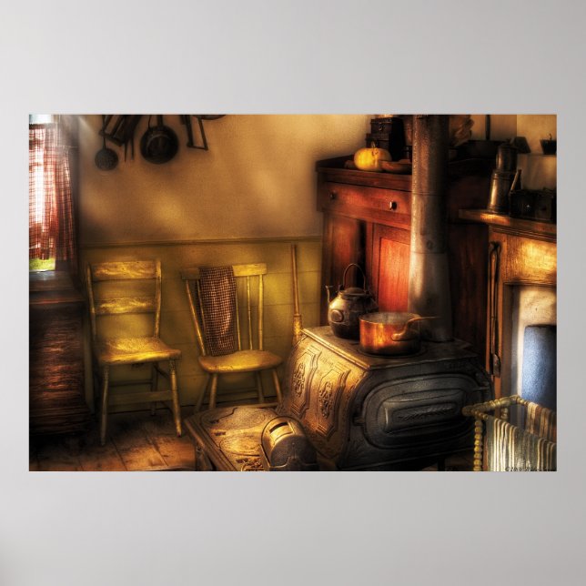 Póster Estufa - Una antigua cocina de granja (Frente)