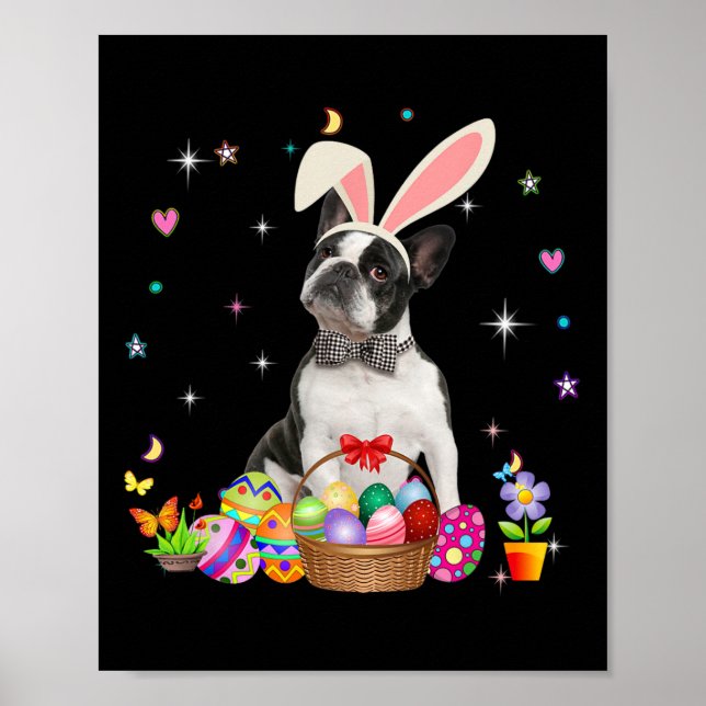 Póster Estupendo Boston Terrier Día de Pascua Bunny Eggys (Frente)
