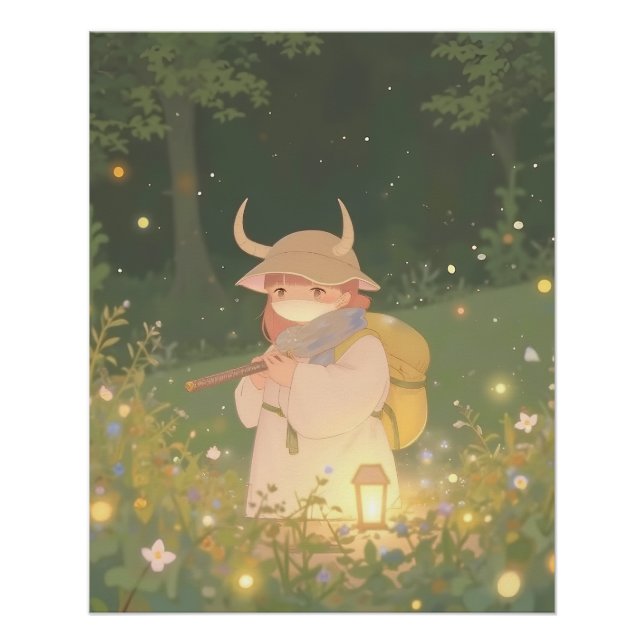 Póster Etéreo Chica anime con cuernos en la pradera capri (Anverso)