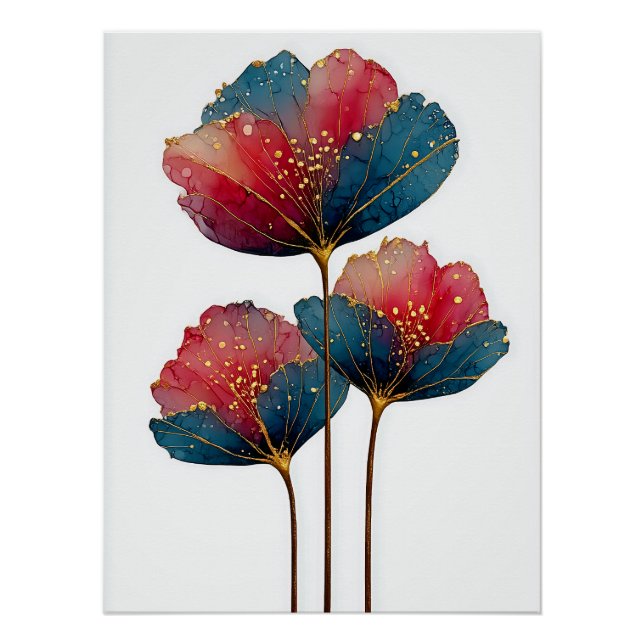 Póster Ethereal Bloom: Crimson & Cobalt Petals (Anverso)