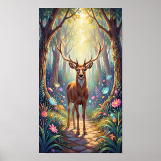 Póster Ethereal Deer in Luminous Forest Path