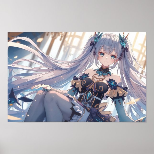 Póster Ethereal Silver-Haired Anime Princess Fantasy Illu (Frente)
