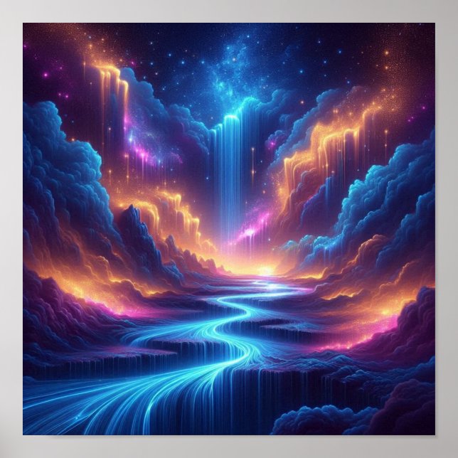 Póster Ethereal Waterfalls Blending with a Starry Horizon (Frente)