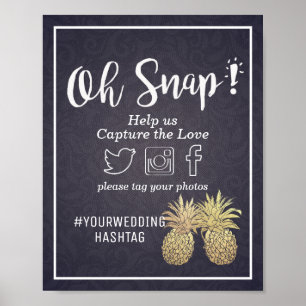 Póster Etiqueta Chic de Bodas Hashtag Dorado Piña Azul Ma