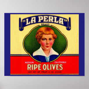 Póster Etiqueta de aceitunas de La Perla de los años 1930
