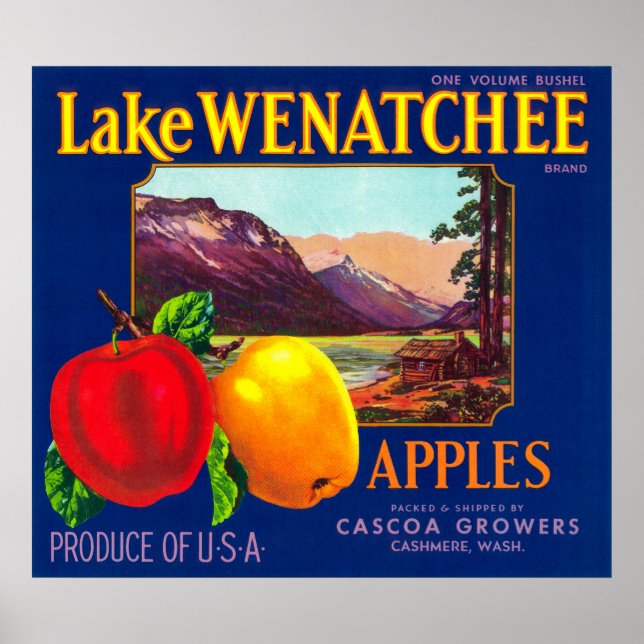 Póster Etiqueta de Apple del lago Wenatchee (azul) - Cash (Frente)