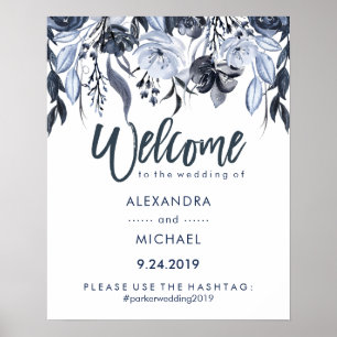 Póster Etiqueta de bienvenida de boda   Floral azul oscur