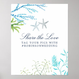 Póster Etiqueta de boda de playa con algas de acuarela
