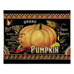 Póster Etiqueta de caja de calabaza dorada vintage: Otoño