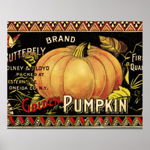 Póster Etiqueta de Caja de Calabaza Dorada Vintage: Otoño