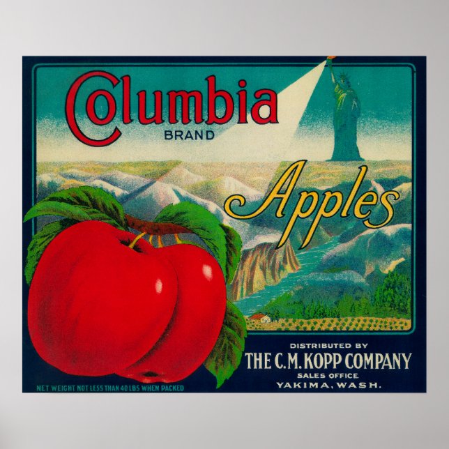 Póster Etiqueta de canal de Apple de Columbia Yakima, WA (Frente)