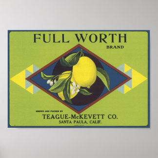 Póster Etiqueta de canal de fruta de limón de valor compl