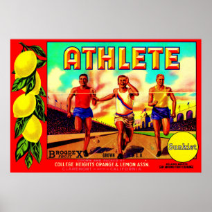 Póster Etiqueta de la caja de fruta atleta de los años 19