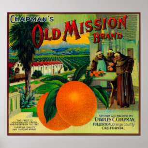 Póster Etiqueta de Naranja de misión antiguaFullerton, CA